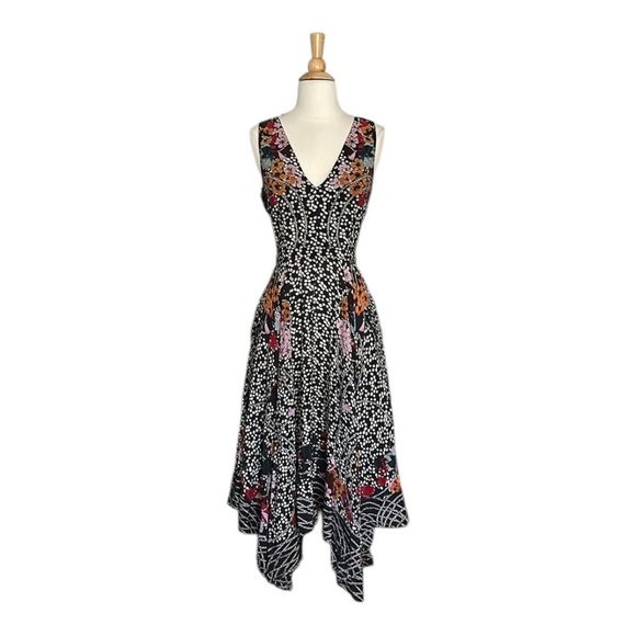 SALONI Zuri Dark Floral Silk Dress Fairycore Black Dot Cocktail Chic Size 8 - Picture 1 of 15